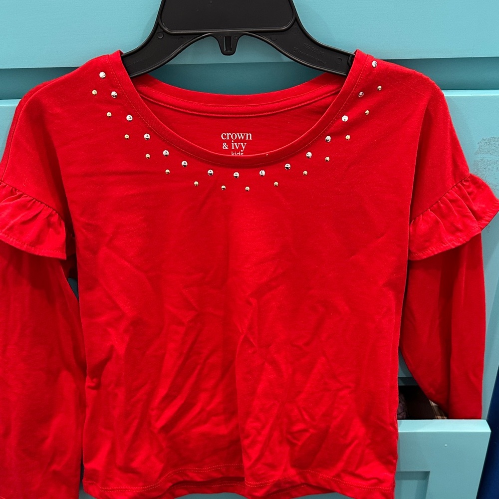 Crown & Ivy Red Long Sleeve Top with Ruffle Detail